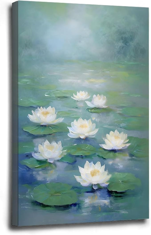 Zen wall art Delicate white lotus flower floating on calm water Vintage oil painting print Serene aquatic wall art creates a tranquil home decor 28x40in Wood Framed