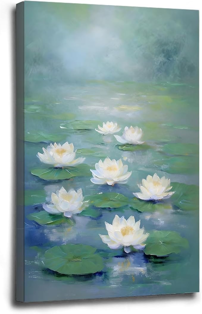 Zen wall art Delicate white lotus flower floating on calm water Vintage oil painting print Serene aquatic wall art creates a tranquil home decor 24x36in Wood Framed