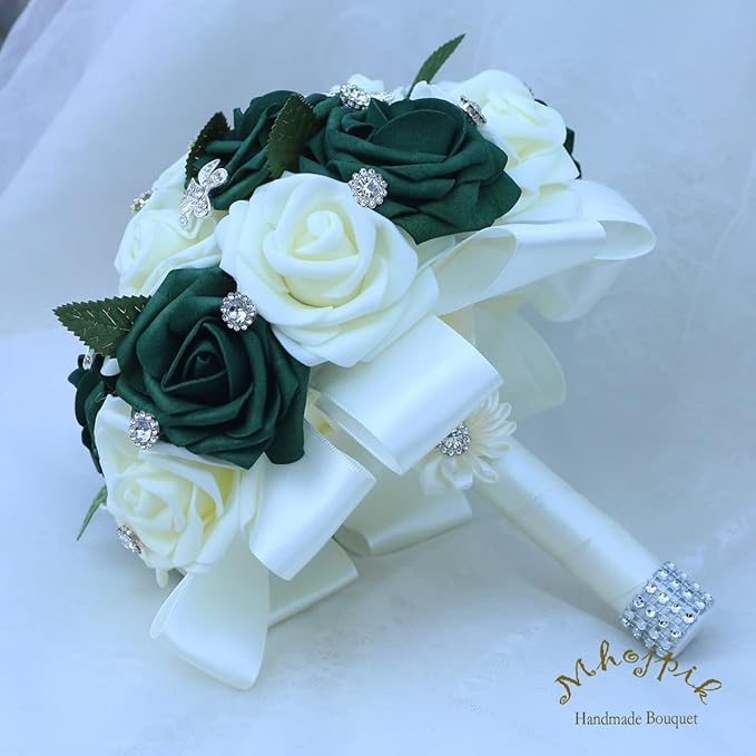 Lightweight Bridal Wedding Bouquet Round Holding Bouquet Throw Toss Artificial Rose Flower Bunch for Bride Bridesmaid Wedding Quinceanera (Cream & Dark Green, 6.7")