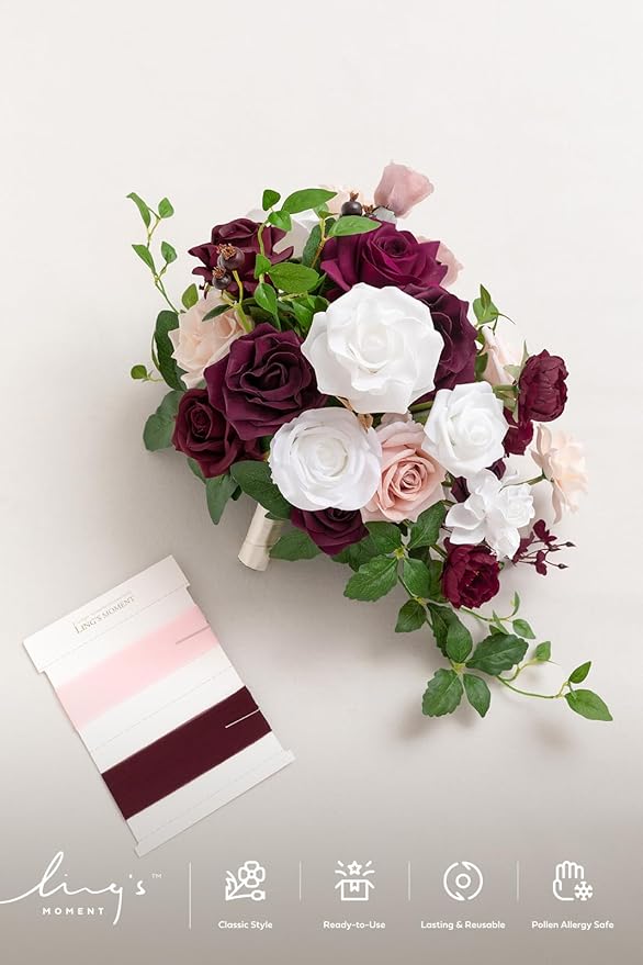 Ling's moment Red Bridal Bouquet Cascading, Burgundy Wedding Bouquets for Bride, 13 Inch Bride Bouquets for Wedding Artificial Flowers Bouquets