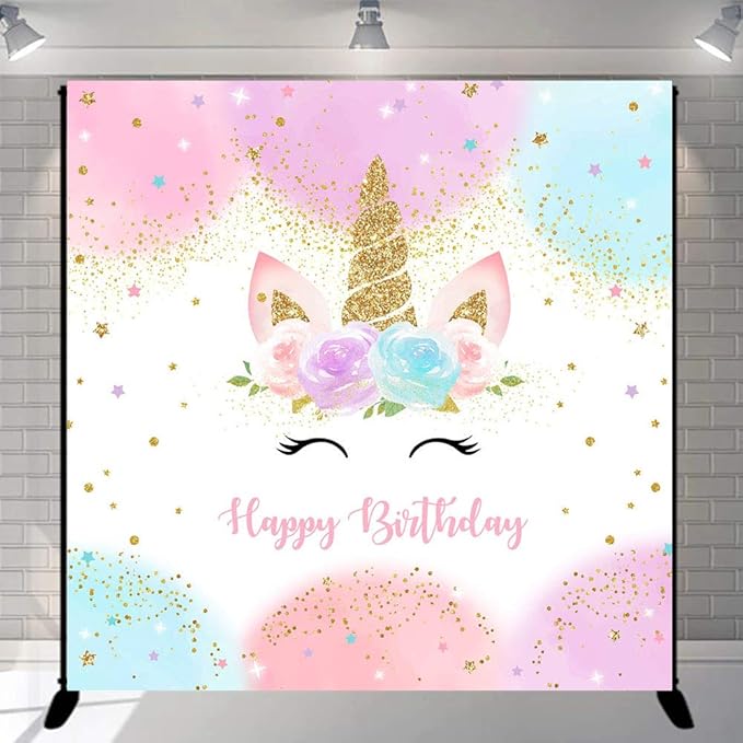 Mocsicka Unicorn Birthday Decorations Unicorn Backdrop for Girls Birthday Party 8x8ft Pastel Rainbow Unicorn Glitter Stars Dots Happy Birthday Banner Photo Booth Props