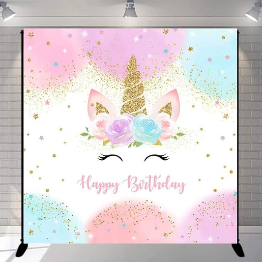Mocsicka Unicorn Birthday Decorations Unicorn Backdrop for Girls Birthday Party 8x8ft Pastel Rainbow Unicorn Glitter Stars Dots Happy Birthday Banner Photo Booth Props