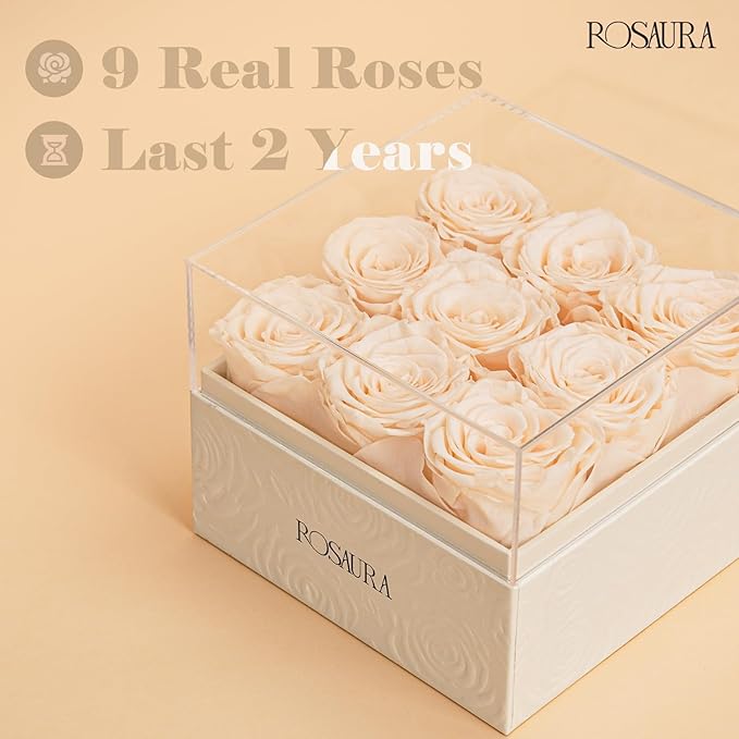 Rosaura Square Preserved Roses Gift Box - Real Forever Flowers in Clear Acrylic Lid, Valentine's for Women (Champagne, 9 Roses)