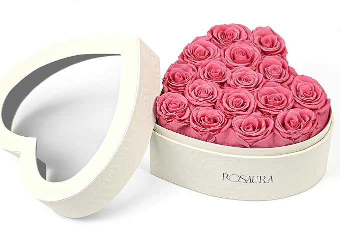 Rosaura Heart-Shaped Preserved Roses Gift Box - Real Forever Flowers for Birthday, Valentine's & Mother's Day (pink, 16 roses)