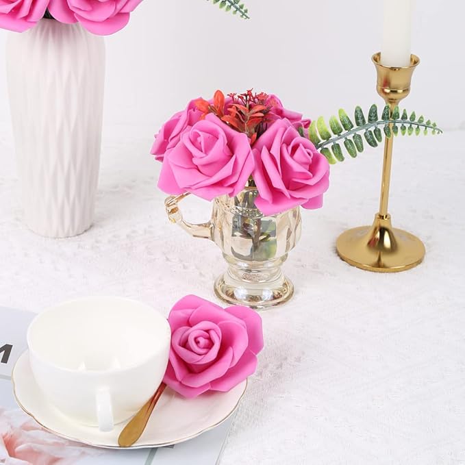 IPOPU Artificial Rose Flower Heads, 100pcs Real Looking Hot Pink Foam Fake Roses for DIY Wedding Baby Shower Centerpieces Arrangements Party Tables Home Decorations (Hot Pink, Stemless)