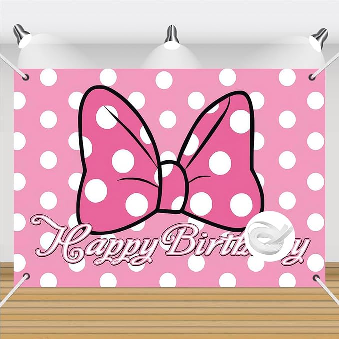 Pink Cartoon Dot Birthday Party Backdrop Banner with Bow Design, 59.1 x 39.4 inches, Photo Background with 32ft Ribbon