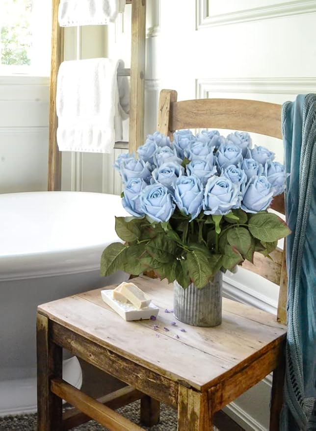 Artificial Realistic Roses Blue Flowers 24" Real Touch Silk Roses Bouquet Long Stems Rose for Flower Arrangement Fake Roses Decor for Home Party Wedding Table Centerpieces Roses Realistic - 5 Pcs