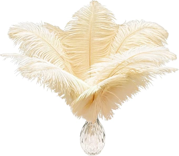 Piokio 20pcs Natural Champange Ostrich Feathers 10-12 inch (25-30cm) Bulk Feathers for Wedding Party Centerpieces, Home Decoration and DIY Clothing, Gatsby Decorations
