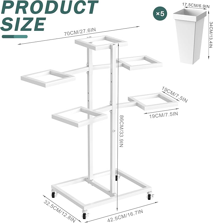 Asee'm Flower Display Stand with 5 Square Buckets Multi-tiered Metal White Flower Cart Stand with Wheels Moving Plant Stand Bar Shelf Flower Holder for Indoor Outdoor Patio Garden Florist Wedding