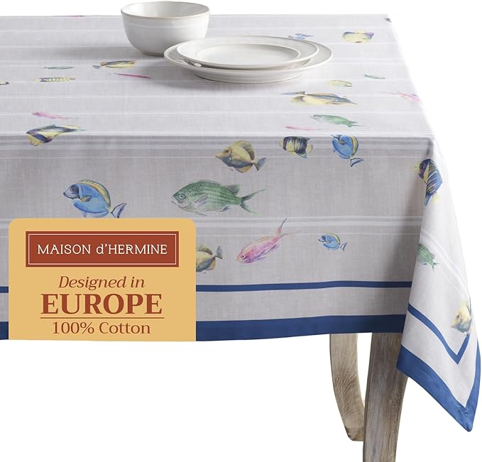 Maison d' Hermine Table Cloth Square Table 100% Cotton 54 x 54 Inches Tablecloth Reusable Decorative Everyday Use for Dining Room, Farmhouse, Home, Party, Festive & Wedding Spring Summer - Poisson