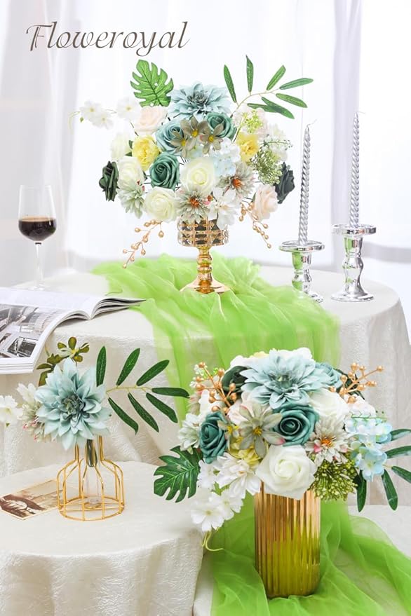 Floweroyal Artificial Flowers Combo Green Flowers Mix Silk Flowers Dahlia Roses with Stems for DIY Wedding Bridal Bouquets, Baby Shower, Floral Arrangement, Table Centerpieces, Home Decorations.