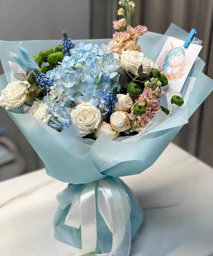 WRAPAHOLIC 20 Sheets Flower Wrapping Paper - 22.4 x 22.4 inch Pure Light Blue Water-Resistant Floral Bouquet Wrapping Paper, Florist Supplies Packaging for Wedding Birthday Gift DIY