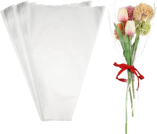 YELARXI Clear Flower Wrapping Bags, Transparent Flower Packaging Bag Waterproof Durable Bouquet Sleeves - Fitting for (Florists/Floral Arrangements Supplies), 13.8x3.9x19.7 Inch & 100Pcs