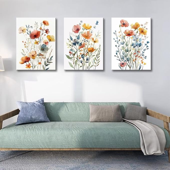 Watercolor Flower Wall Art for Living Room Flower Pictures Wall Decor Orange Floral Canvas Art Colorful Wildflower Poster Prints for Bedroom Bathroom Home Decor 12"x16"x3pcs