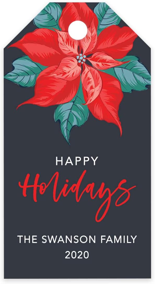 Andaz Press Personalized Christmas Holiday Season Classic Gift Tags, Happy Holidays Custom Family Name and Year, Christmas Poinsettia Design, for Holiday Events, Parties, and Favors, 60-Pack