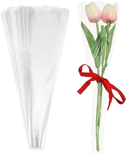 YELARXI Clear Flower Wrapping Bags, Transparent Flower Packaging Bag Waterproof Durable Bouquet Sleeves - Fitting for (Florists/Floral Arrangements Supplies), 4.7x1.6x14.2 Inch & 100Pcs