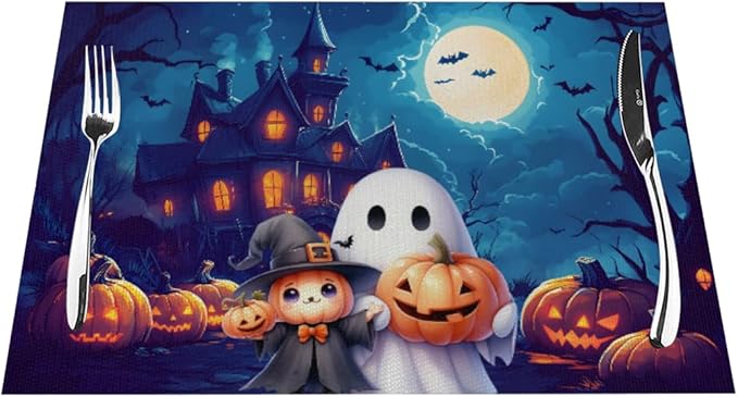 PVC Placemats Set of 4 Wipeable Table Mats Washable Heat Resistant Non Slip Vinyl Dining Table Mat for Kitchen Indoor Outdoor Patio Farmhouse Place Mats Halloween Castle Pumpkin Ghosts Decorative