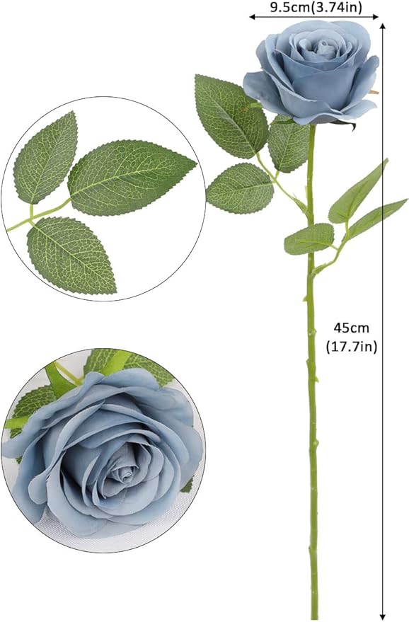 12pcs Roses Artificial Flowers Dusty Blue Silk Roses with Long Stems Fake Flowers for Wedding Bouquet Centerpices Decorations Party Bridal Baby Shower Home Decor