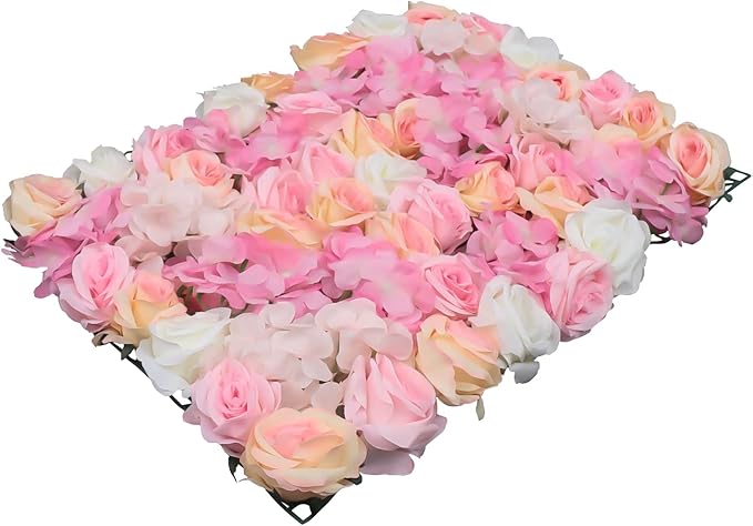 16"x 24" Artificial Flower Wall Panels,Flower Wall Mat Silk Flower Panels for Outdoor Garden Backyard Fence Fence Privacy Screen and Indoor Wall Decor (4Pcs Pink+Champagne+White)