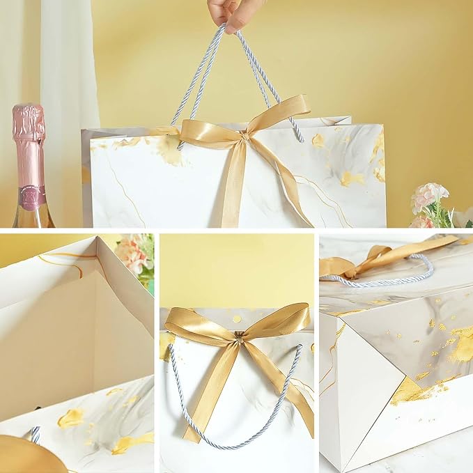 White Gold Gift Bags, 2PCS 13” Large Gift Bags with Tissue Paper and Greeting Cards, Gift Bag with Handles Bow for Women Girls, White Gift Bags for Birthday Wedding Bridal Baby Shower Anniversaries