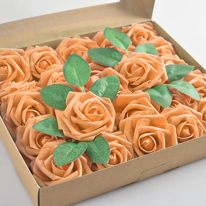 homEdge Artificial Rose, 25pcs Foam Artificial Flowers with Stem for Home Decorations, Wedding Bouquets, Party, Certerpieces, Anniversaries-Orange