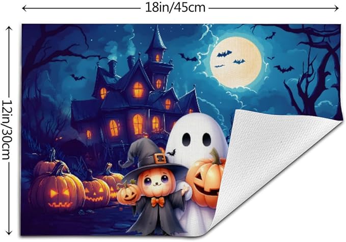 PVC Placemats Set of 1 Wipeable Table Mats Washable Heat Resistant Non Slip Vinyl Dining Table Mat for Kitchen Indoor Outdoor Patio Farmhouse Place Mats Halloween Castle Pumpkin Ghosts Decorative
