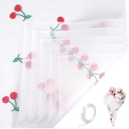 20 Sheets Bouquet Wrapping Paper, 22.4Inch White Cherry Pattern Flower Floral Wrapping White Floral Paper for Bouquets Kit, Waterproof Decorations with Ribbon for DIY Crafts Wedding Birthday Party