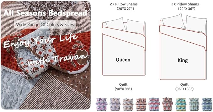 Travan Floral Printed Quilt Sets 3-Piece Super Soft Lightweight Queen Size Bedspread with Shams Reversible Quilted Bedding Set, Red, Queen