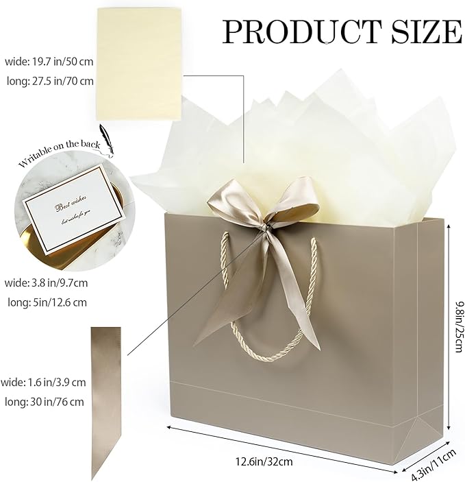 Gift Bags, 13” Large Gift Bags with Tissue Paper Greeting Card, 2PCS Portable Birthday Gift Bag Set, Champagne Gold Present Bags for Birthday Party Favor Wedding Baby Shower Mother’s Day, 13x10x4inch