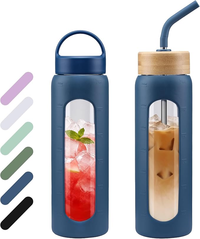 24 oz Glass Water Bottle, Glass Tumbler with Straw, Reusable Drinking Bottles with 2 Lids-Handle Lid&Bamboo Straw Lid, Silicone Sleeve, for Sports, Home,1 Pack-Blue