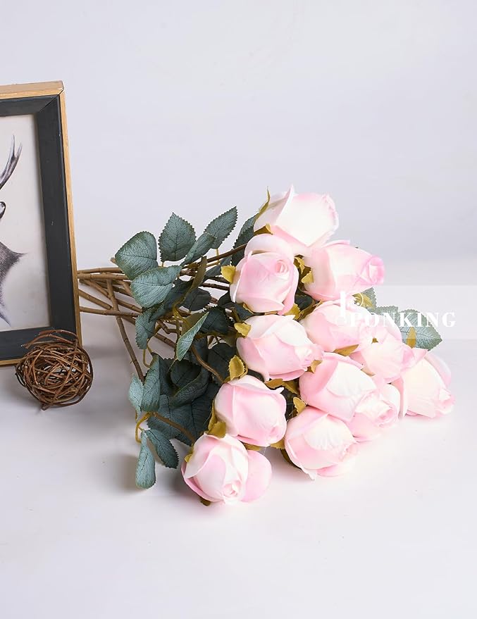 Rose Artificial Flower Buds 12pcs Realistic Faux Silk Roses Fake Flowers Bouquets Arrangements Decor for Wedding Spring Mother's Day, Home Table Decorations, Light Pink Flower