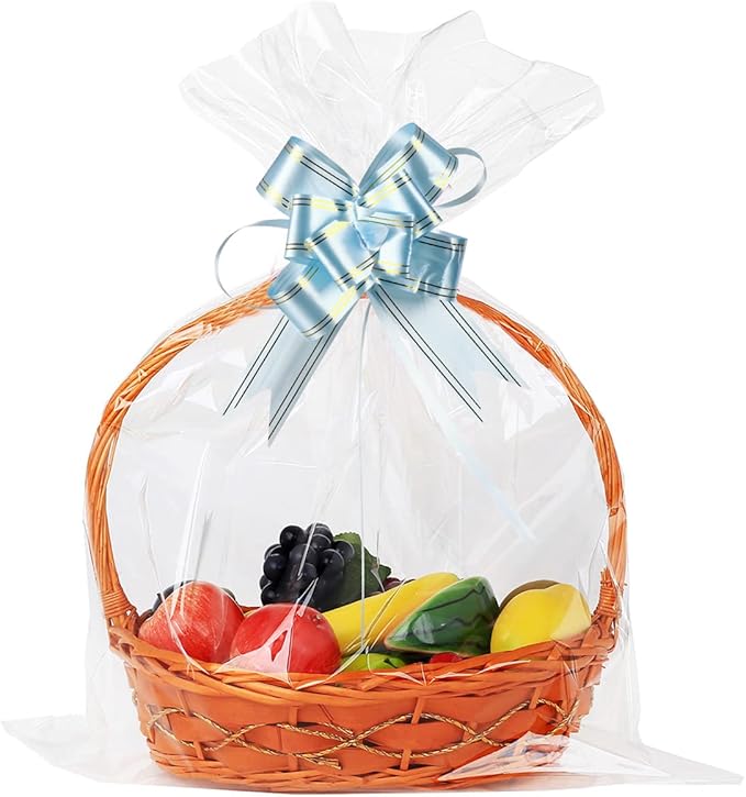 UltraOutlet 50 Packs Large Cellophane Bags 18" x 24" Clear Cellophane Gift Basket Wraps 2.3 Mil Thick Transparent Cello Bags for Fruit Basket, Gift Wrap, Treats, Arts and Crafts, 50ct Ribbon Bows