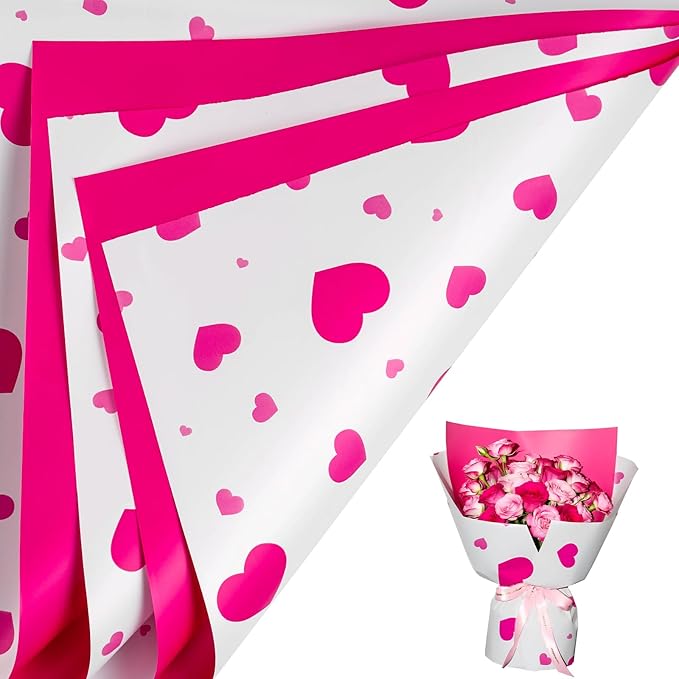 LeZakaa 20 Sheets Flower Wrapping Paper, Hot Pink Heart Design Waterproof Floral Bouquet Paper for Valentine's Day, Wedding, Anniversary Romantic Gift Packaging