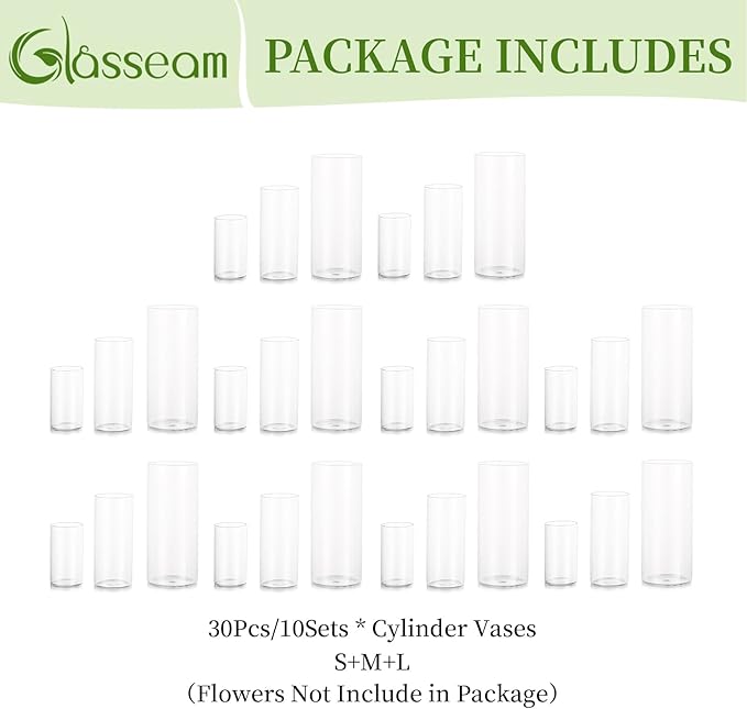 Cylinder Glass Vase Set of 30, Cylinder Vases for Centerpieces Bulk, Modern Clear Hurricane Candle Holders for Pillar Candles, Wedding Flower Vases for Floating Candle Table Decorations