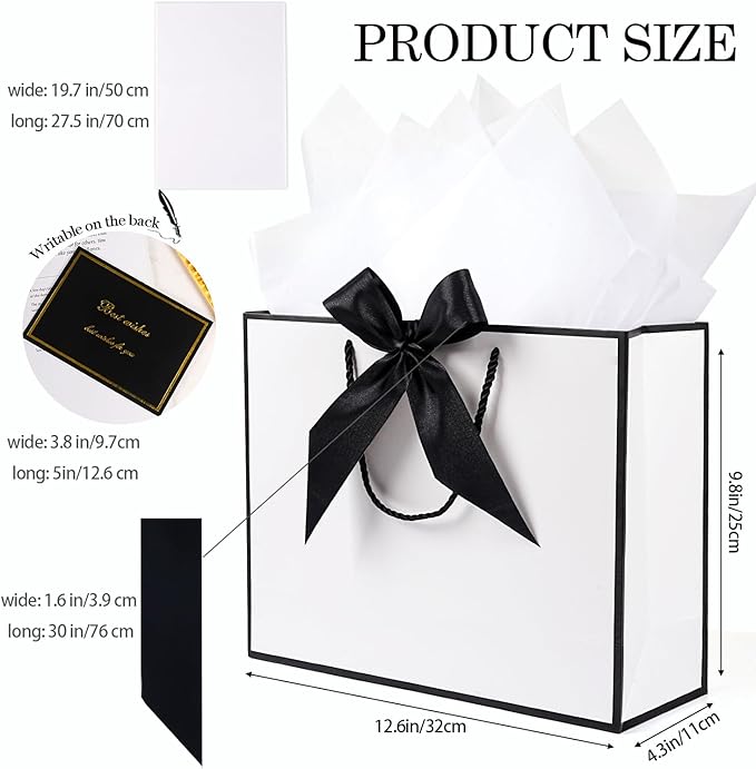 White Gift Bags 13 x 10 x 4’’, Portable Gift Bag Set with Tissue Paper and Greeting Cards, 2 PCS Gift Bags with Handles Ribbon for Women Men, Paper Present Bags for Birthday Party Wedding Christmas