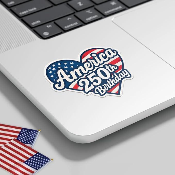 HANDICHI Design 5-Pack 6 Inch America 250th Birthday Stickers – Patriotic Heart-Shaped USA Flag Vinyl Decals – Waterproof 1776–2026 Independence Day Stickers for USA 250th Anniversary Celebration