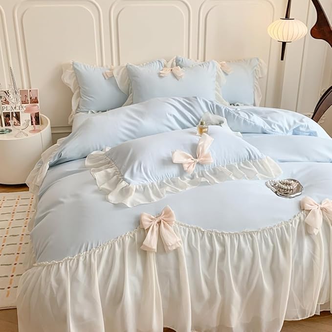 Ruffled Bedding Bow Duvet Cover Set with Butterfly Tie, Princess Style 1 Duvet Cover with 2 Pillowcases,Zipper Closure, No Comforter-Blue,Queen Size