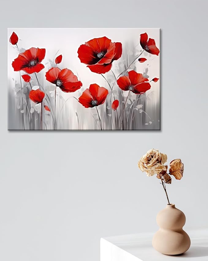 GLOKAK Red Poppies Wall Art - Modern Floral Red Poppy Flower on Grey Background Painting - Poster Canvas Print Artwork for Home, Bathroom, Bedroom Decoration (18"x12")