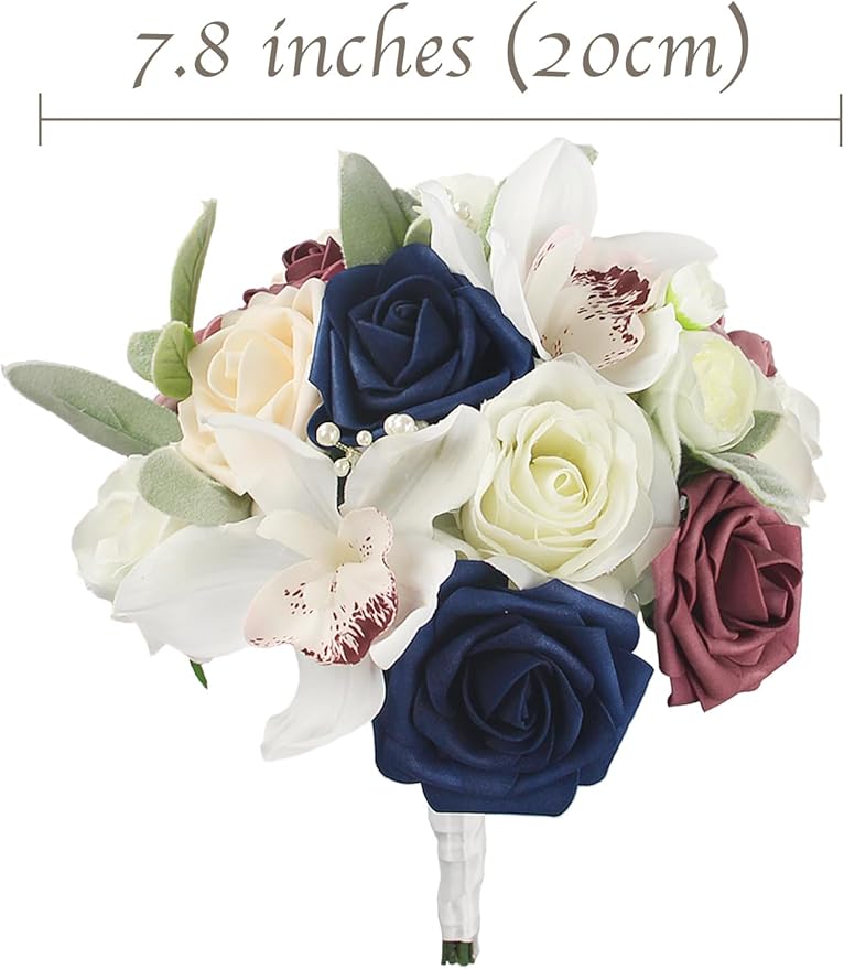 Rinlong Bridesmaids Bouquet Dusty Pink Navy Blue Artificial Wedding Bouquets for Bride Bridesmaid Silk Bouquet for Homecoming Prom