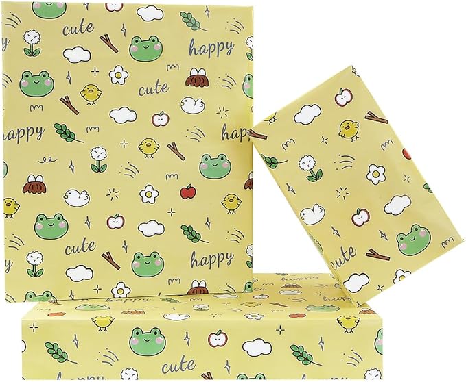 Geluode Frog Wrapping Paper for Kids Boys Girls, 4 Folded Sheets Cute Frogs Chick Daisy Flower Apple Design Yellow Wrapping Paper for Birthday Baby Shower - 20x28 Inches