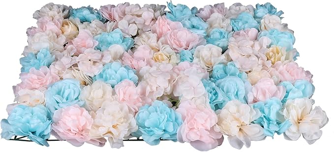 12Pcs 15.75" x 23.62x 0.79 Artificial Flower Wall Panels,Flower Wall Mat Silk Flower Panels for Outdoor Garden Backyard Fence Fence Privacy Screen and Indoor Wall Decor(12Pcs White+Pink+Light Blue)