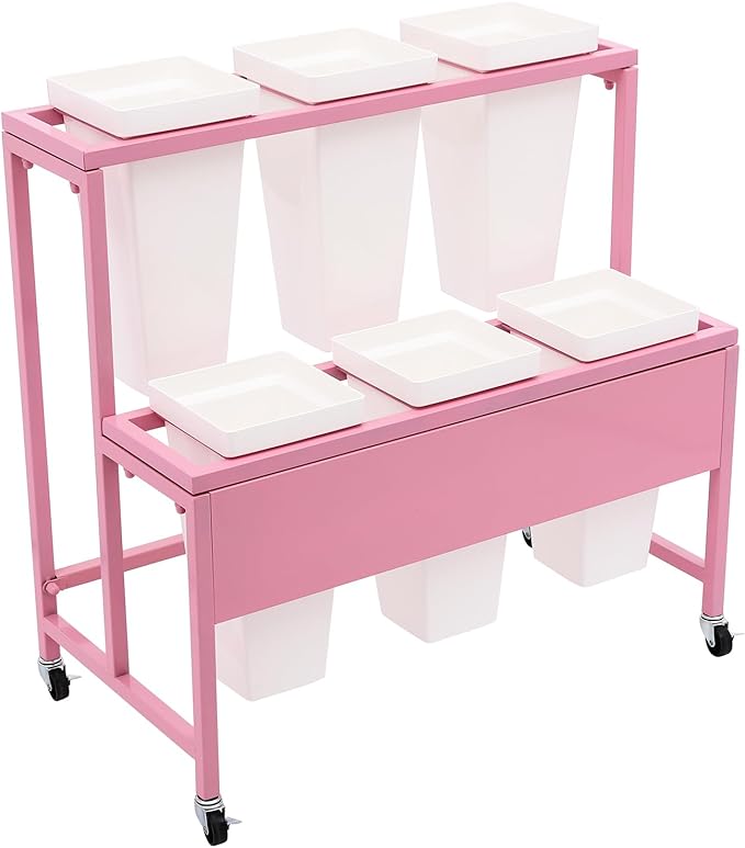 2-Layers Flower Display Stand Metal Flower Display Stand With 6 Pcs Buckets Rolling Plant Stand Flower Cart Moving Florist Bouquet Shelf for Fresh Flower Shop Balcony,Load Capacity 33.07lbs (Pink)