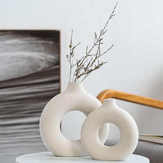 White Ceramic Vases- 2 for Modern Home Decor, Round Matte Boho Vase for Decor, Ceramic Minimalist Nordic Style for Wedding Dinner Table Living Room Office