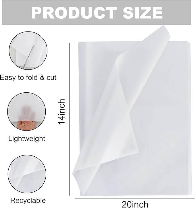 BEISHIDA 100 Sheets White Tissue Paper Bulk, Wrapping Tissue Paper for Gift Bags, 14 x 20 Inch Gift Wrap for Halloween Birthday Wedding Graduation DIY Crafts Holiday Flowers