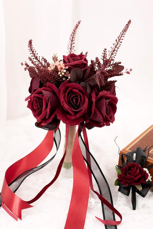 Dark Burgundy Wedding Bouquets for Bride Bridesmaids, Bridal Bouquet for Wedding Silk Artificial Flowers