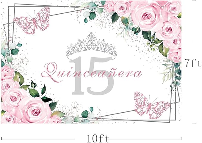 SENDY 10x7ft Quinceañera Backdrop Mis Quince 15 Anos Birthday Party Decorations Supplies for Girl Princess Pink Floral Butterfly Silver Crown Photography Background Banner Photo Booth Studio Props