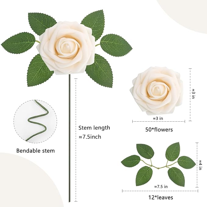 Artificial Flowers 50PCS Champagne Roses Real Looking Foam Fake Roses with Leaves and for DIY Wedding Bouquets Bridal Shower Centerpieces Party Decorations (Champagne)