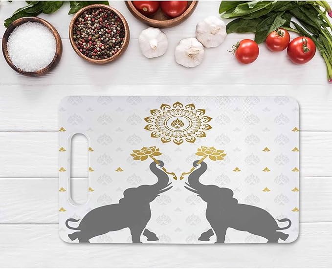 Elephant Cutting Boards Lotus Golden Flora Art Cutting Boards Kitchen Chopping Board with Handles Non Slip Plastic 16 x 10 x 0.24 Inch