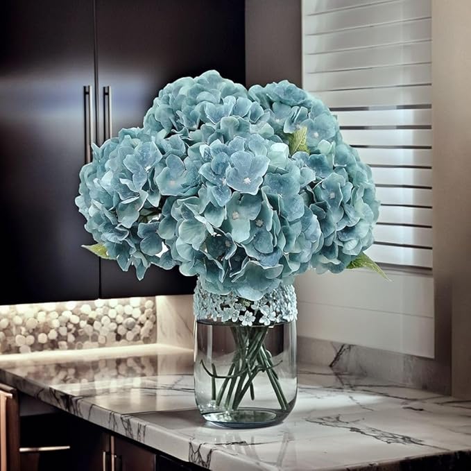 2Bouquets Artificial Fake Flowers Plants Silk Hydrangea Arrangements Wedding Bouquets Decorations Plastic Floral Home Kitchen Garden Party Festival Bar DIY (Blue Haze, 5 Flower Heads)