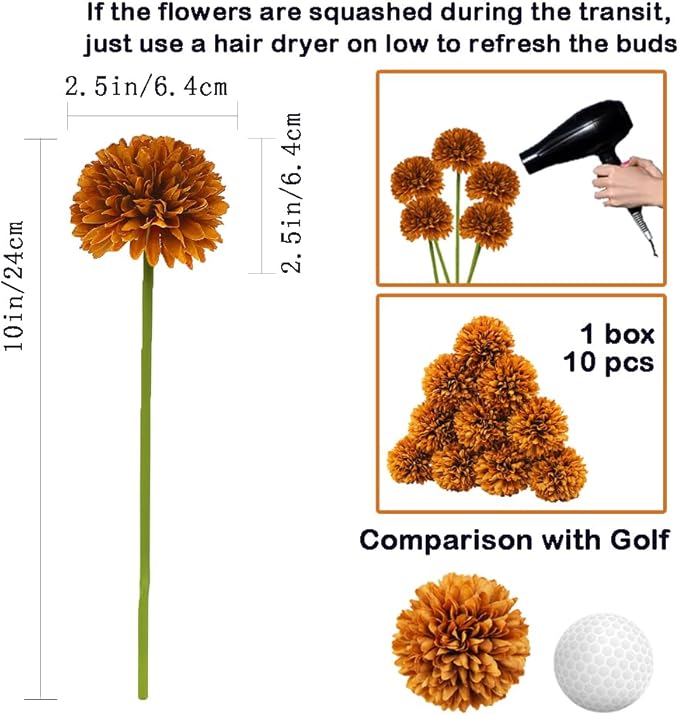 10Pcs Artificial Fake Flower Plants Silk Chrysanthemum Ball Hydrangea Arrangements Wedding Bouquets Decor Home Kitchen Garden Party Table Floral centerpieces DIY(Coffee Brown)